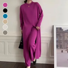 Knitted Slit Top  Long Pants 2-Piece Set