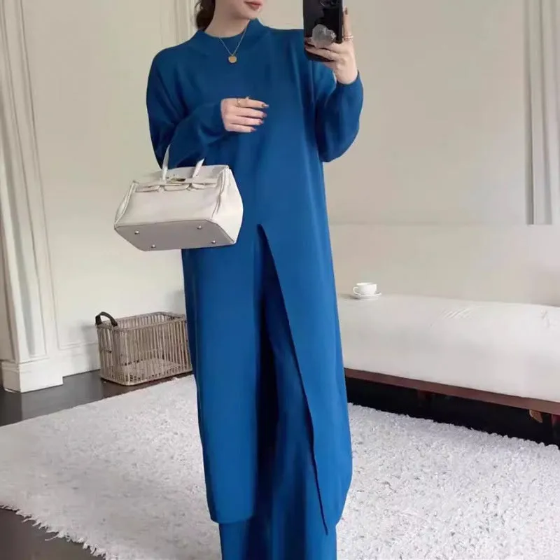 Knitted Slit Top  Long Pants 2-Piece Set