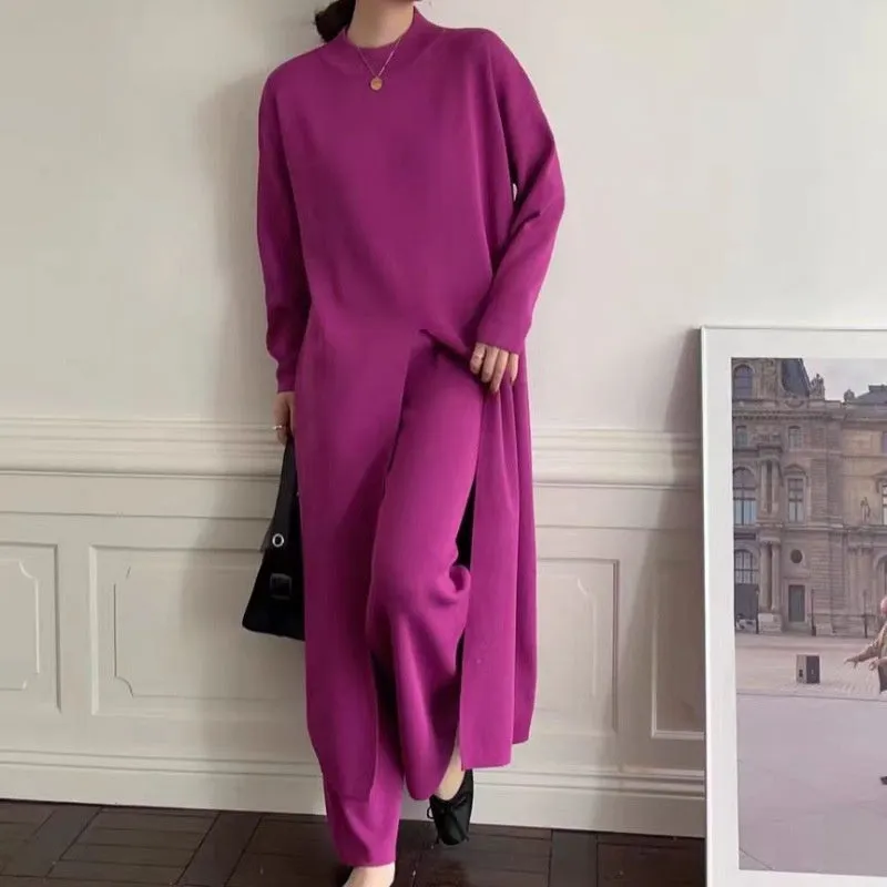 Knitted Slit Top  Long Pants 2-Piece Set