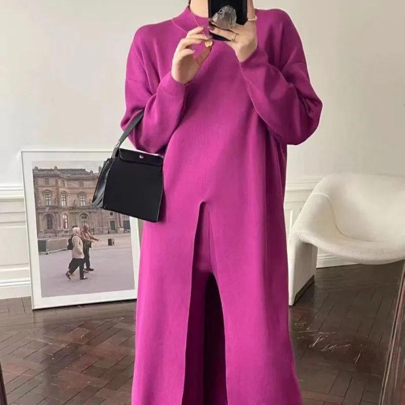 Knitted Slit Top  Long Pants 2-Piece Set