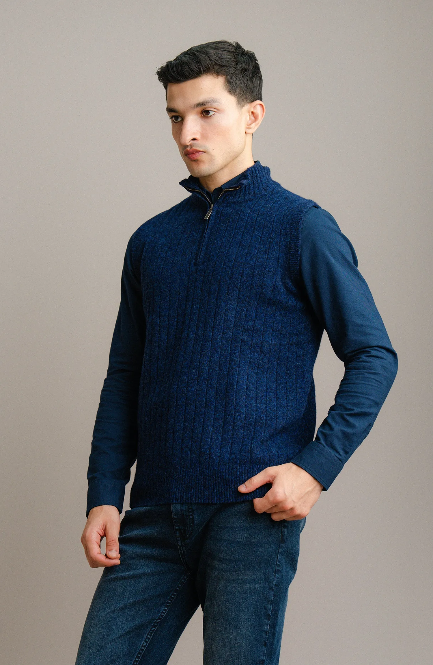 Lambs Wool Mock Neck Zipper-Sleeve Less
