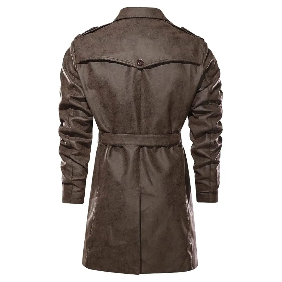 Leather Trench Coat With Button And Belted Closer