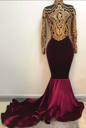 Long Sleeve Sequins Burgundy Mermaid Velvet Prom Dress