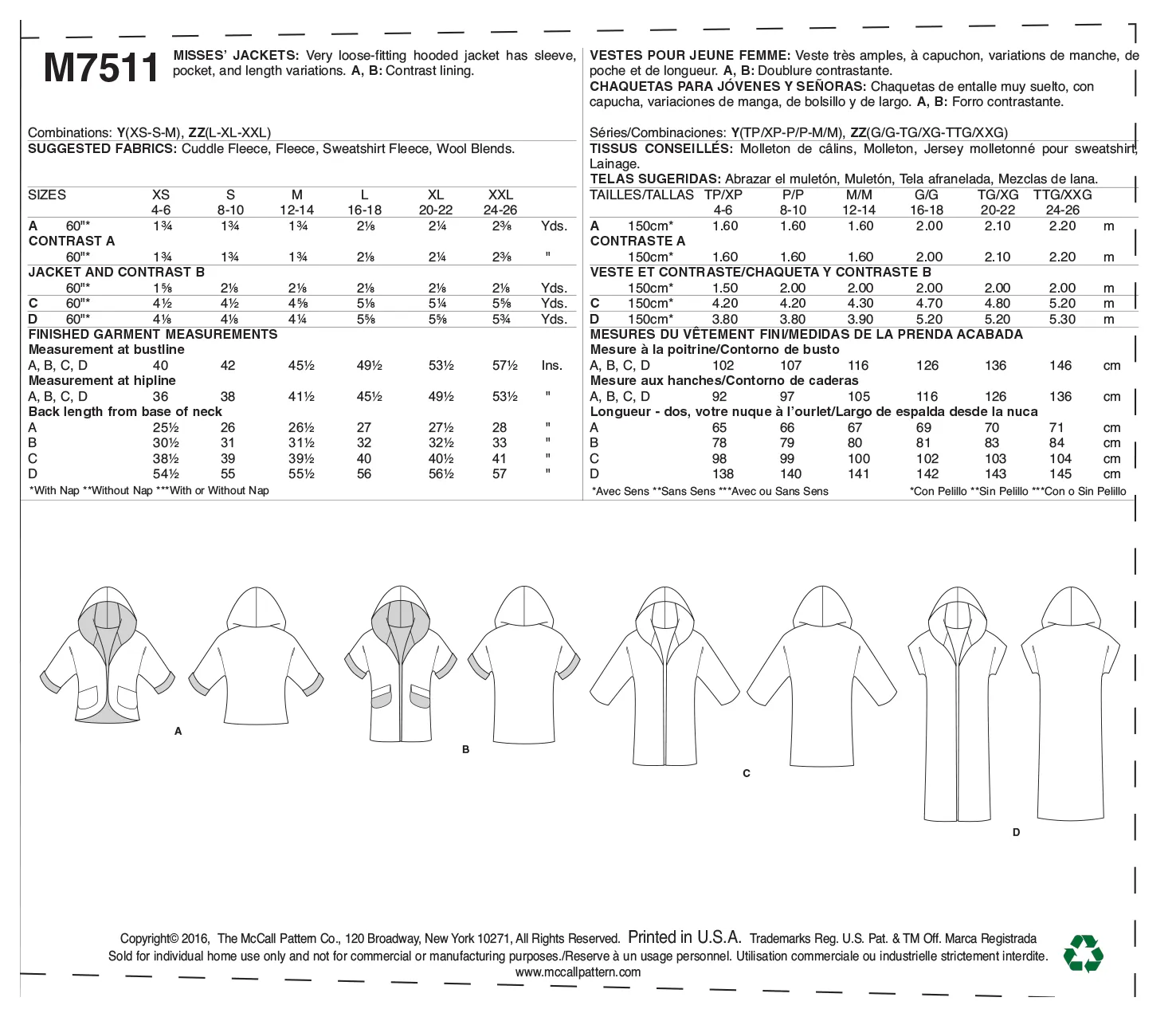 M7511 Misses' Open-Front Jackets with Shawl Collar and Hood