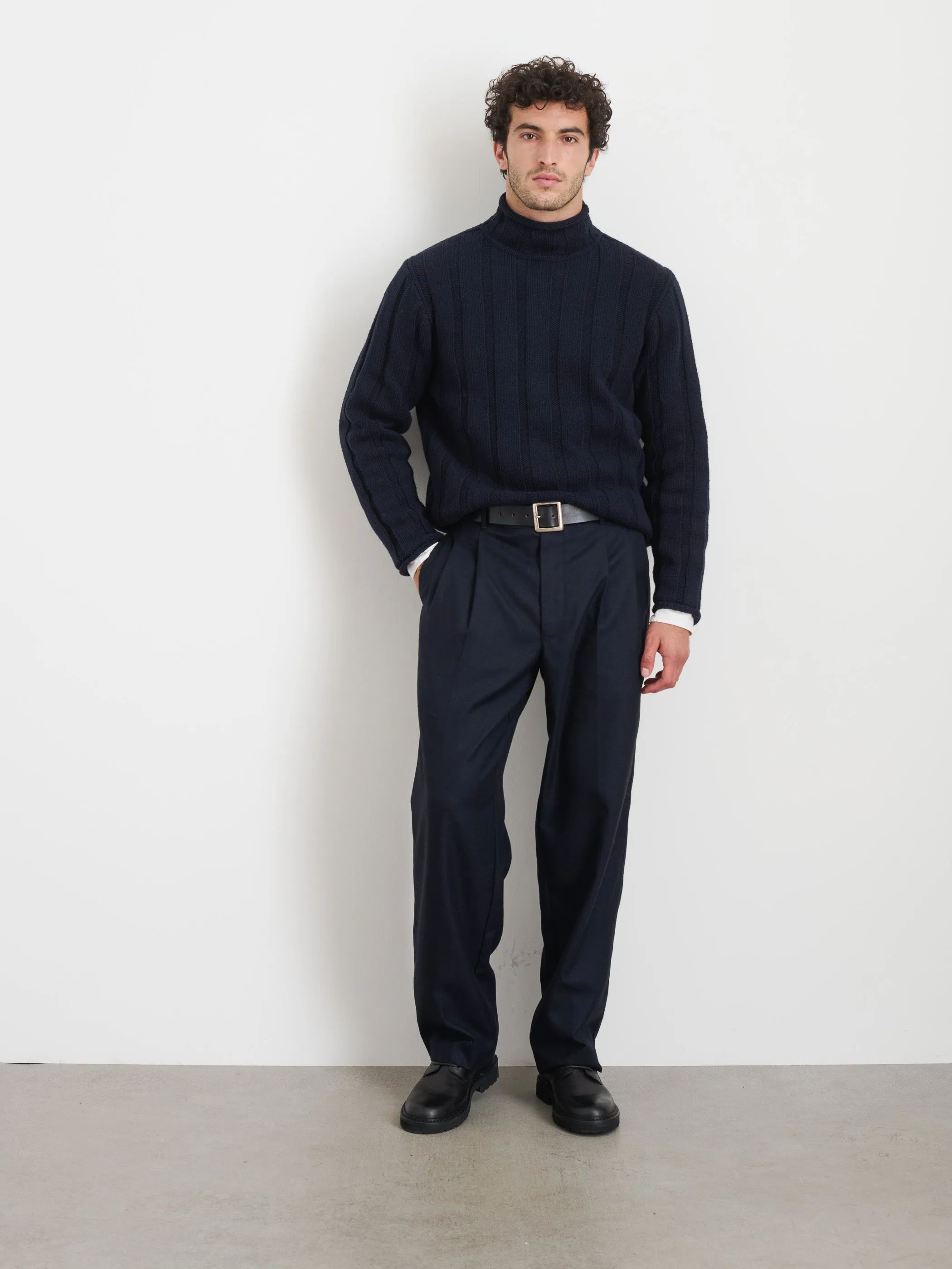 Mateo Roll Neck Sweater In Ribbed Wool Cotton