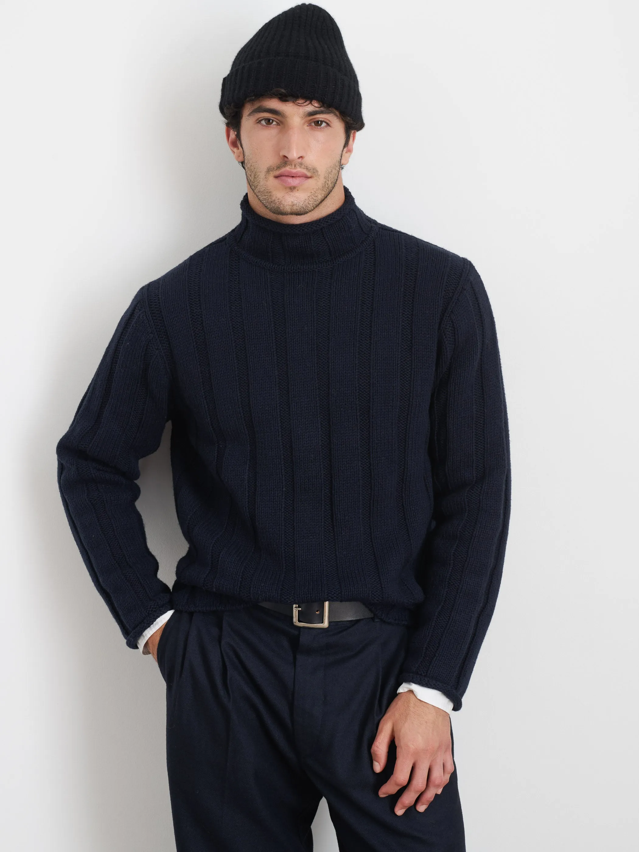Mateo Roll Neck Sweater In Ribbed Wool Cotton