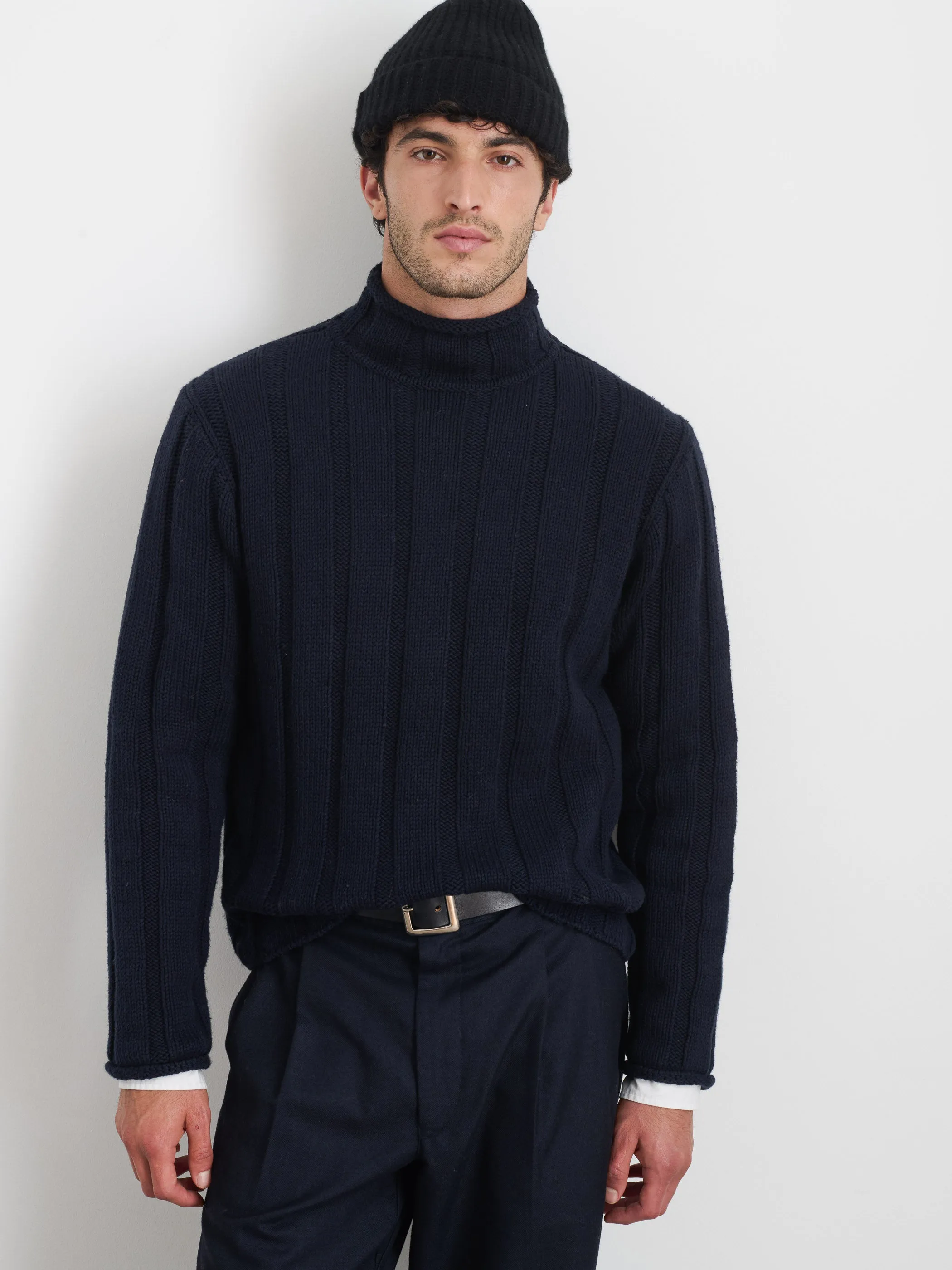 Mateo Roll Neck Sweater In Ribbed Wool Cotton