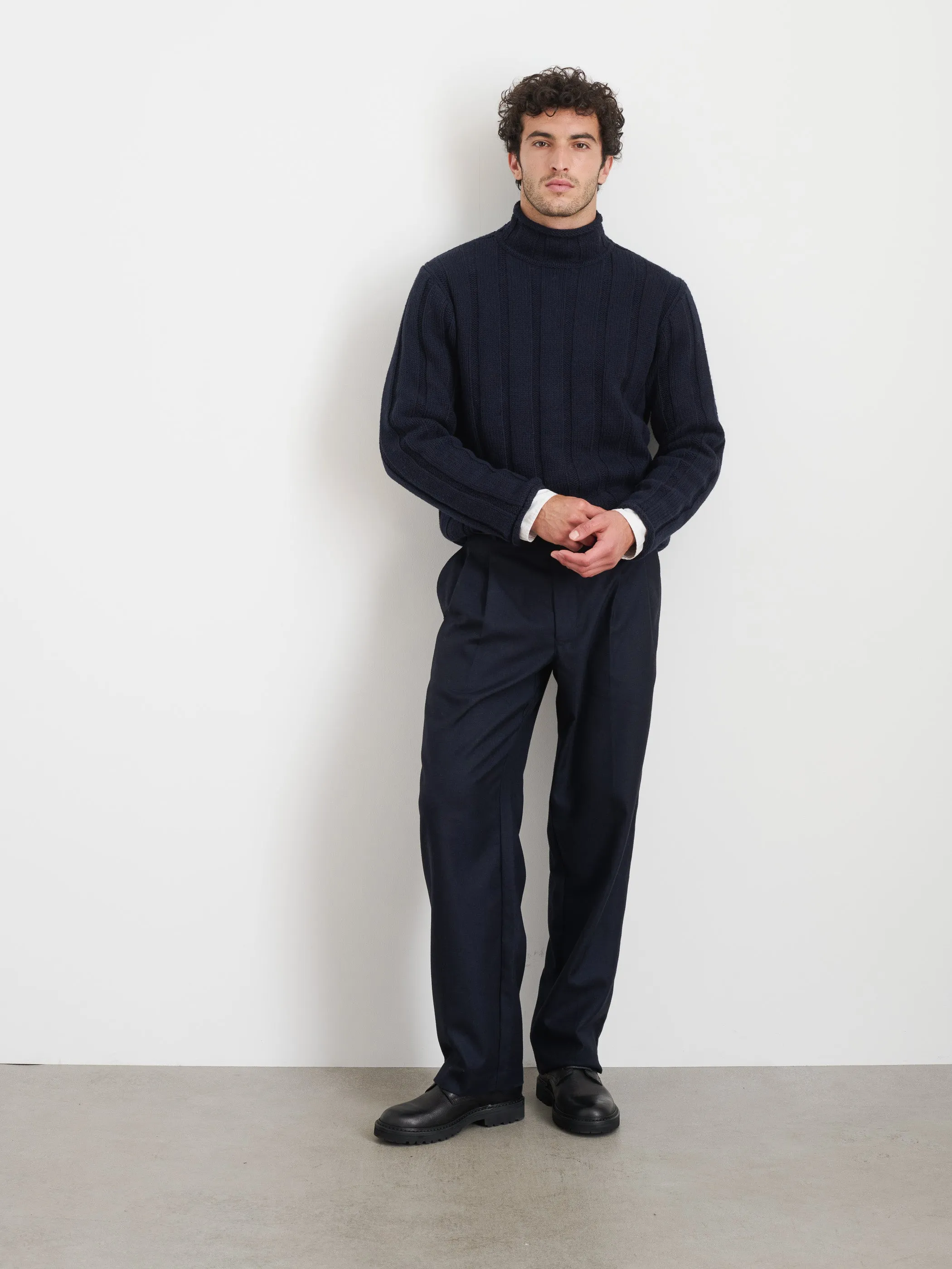 Mateo Roll Neck Sweater In Ribbed Wool Cotton