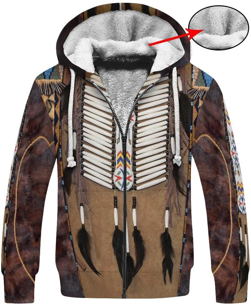 Men's Hoodies 3D Print 10 Different Styles Zipper Sweat Jacket Fleece Lined Drawstring Hood Feathers Fringe Thunderbird Hairpipe Beads Longhorn Native American Indian Beads Sizes S - 6X