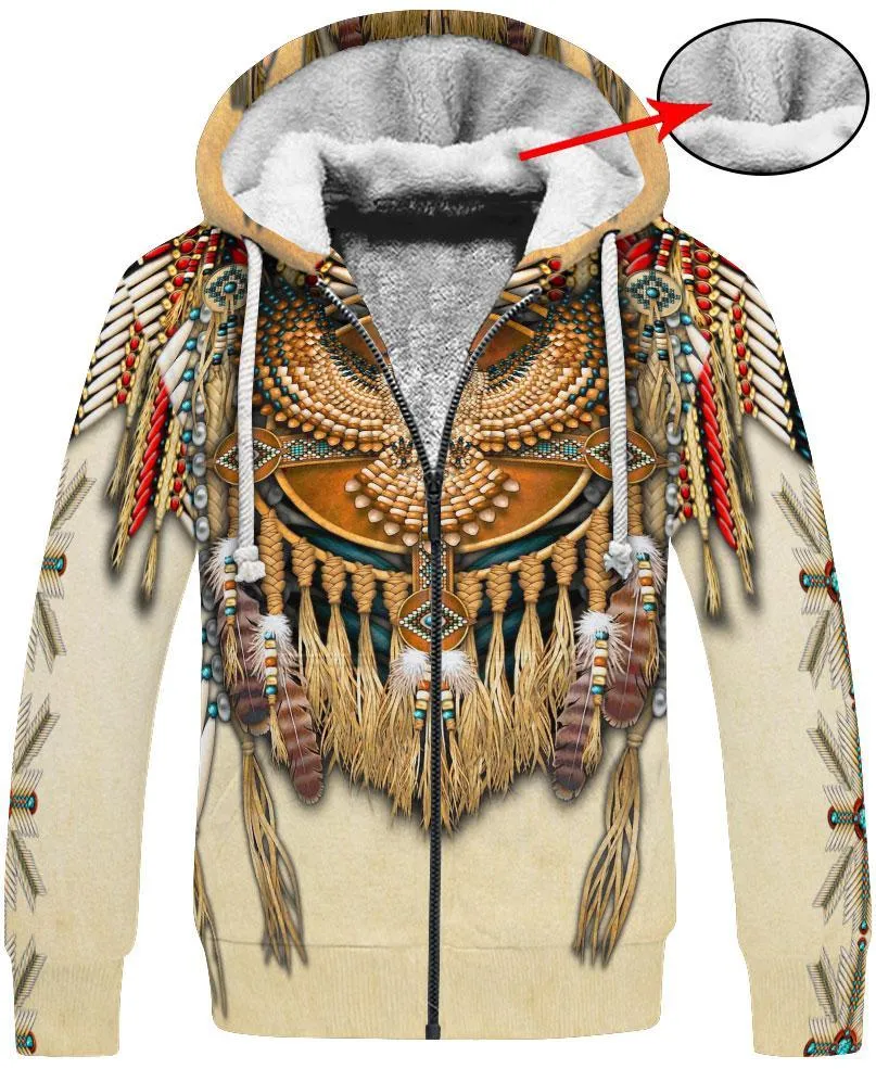 Men's Hoodies 3D Print 10 Different Styles Zipper Sweat Jacket Fleece Lined Drawstring Hood Feathers Fringe Thunderbird Hairpipe Beads Longhorn Native American Indian Beads Sizes S - 6X