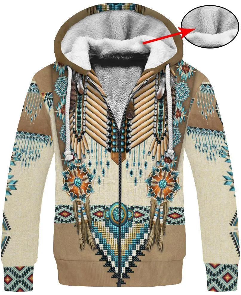 Men's Hoodies 3D Print 10 Different Styles Zipper Sweat Jacket Fleece Lined Drawstring Hood Feathers Fringe Thunderbird Hairpipe Beads Longhorn Native American Indian Beads Sizes S - 6X