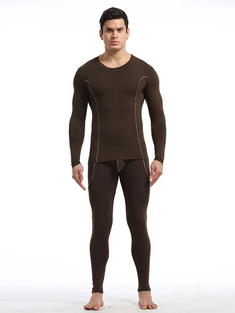 Men's Round Neck Solid Color Bamboo Fiber Thermal Underwear Set