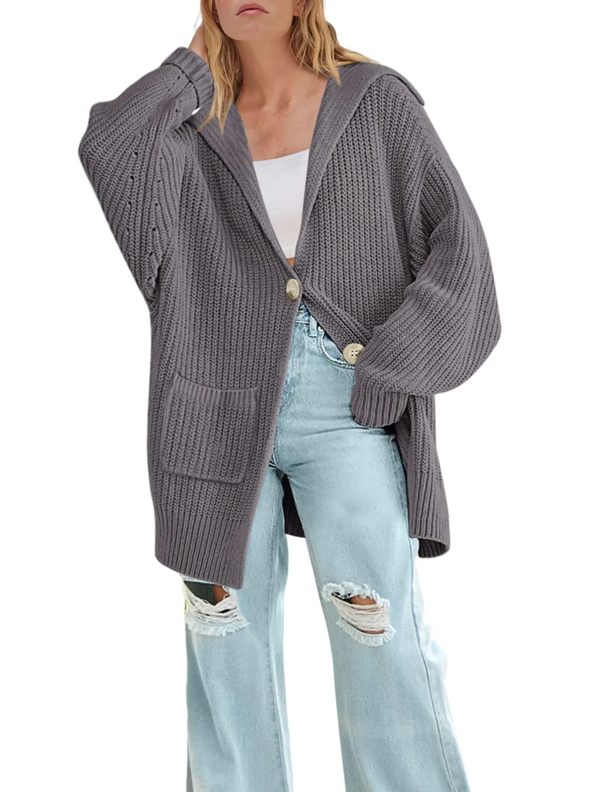 MEROKEETY Button Lapel Oversized Chunky Knit Cardigan Sweater