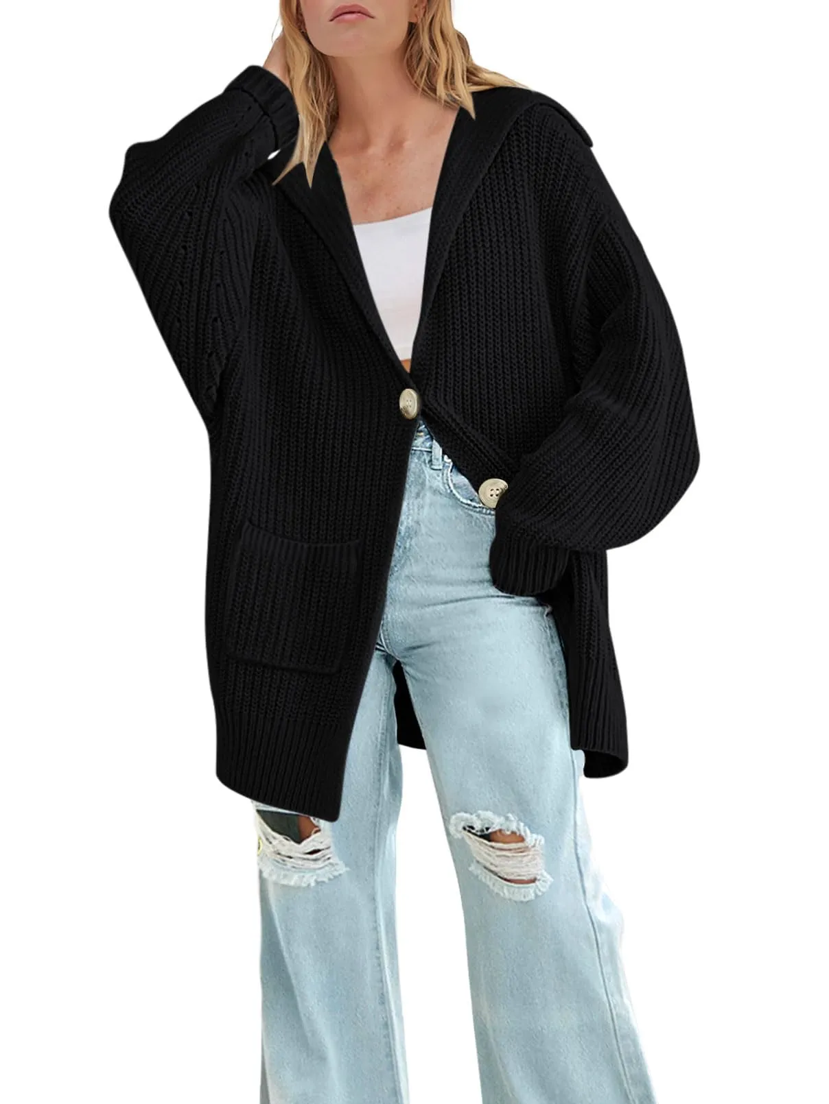 MEROKEETY Button Lapel Oversized Chunky Knit Cardigan Sweater