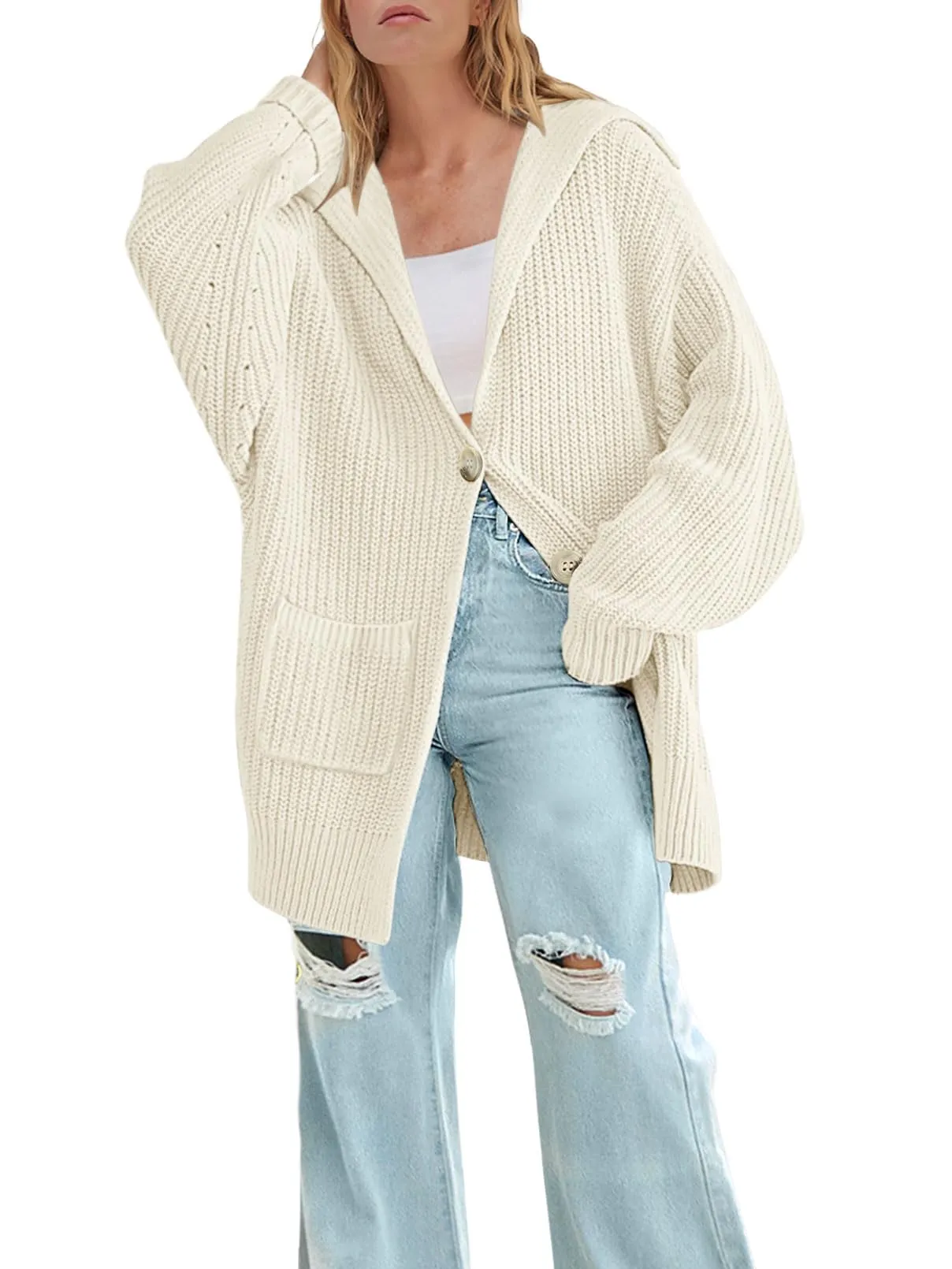MEROKEETY Button Lapel Oversized Chunky Knit Cardigan Sweater