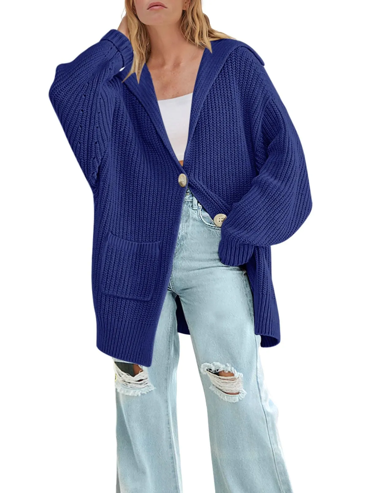 MEROKEETY Button Lapel Oversized Chunky Knit Cardigan Sweater
