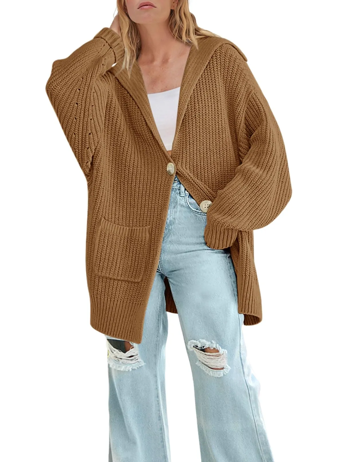 MEROKEETY Button Lapel Oversized Chunky Knit Cardigan Sweater