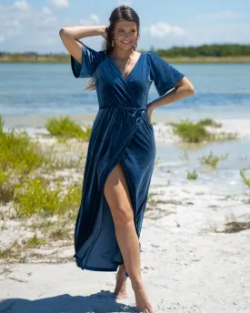 MEROKEETY V Neck Bell Sleeve Wrap Velvet Split Maxi Dress