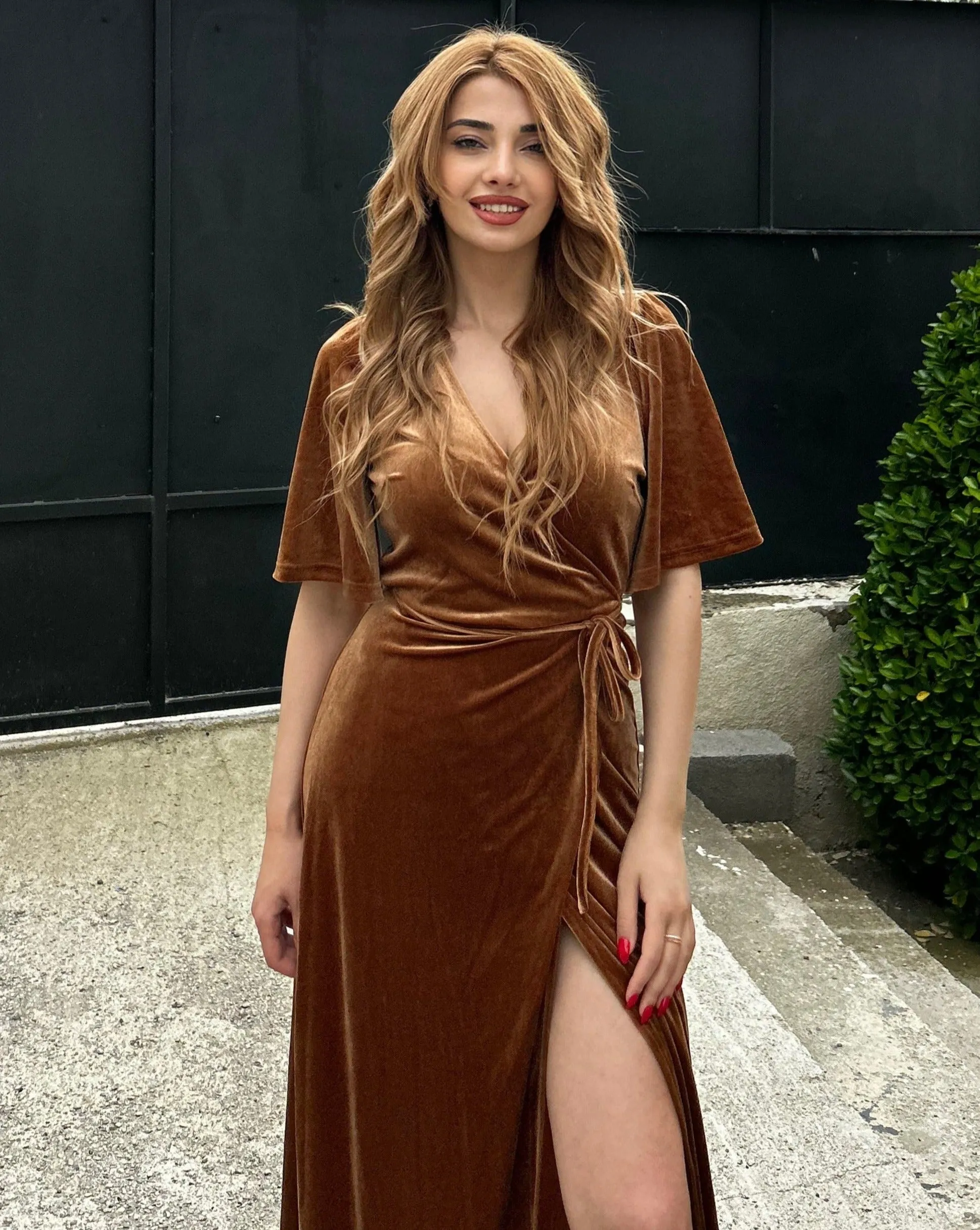 MEROKEETY V Neck Bell Sleeve Wrap Velvet Split Maxi Dress