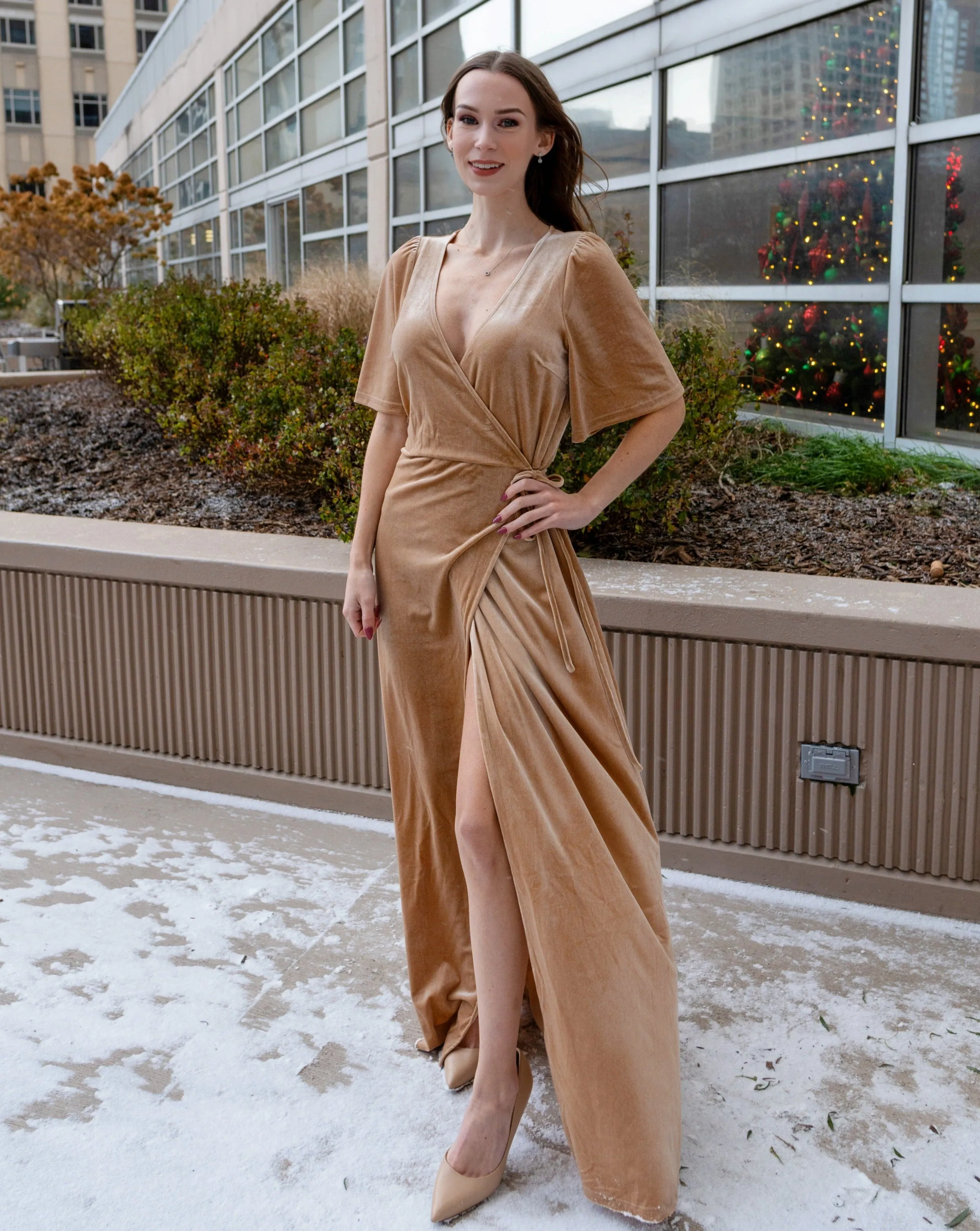 MEROKEETY V Neck Bell Sleeve Wrap Velvet Split Maxi Dress