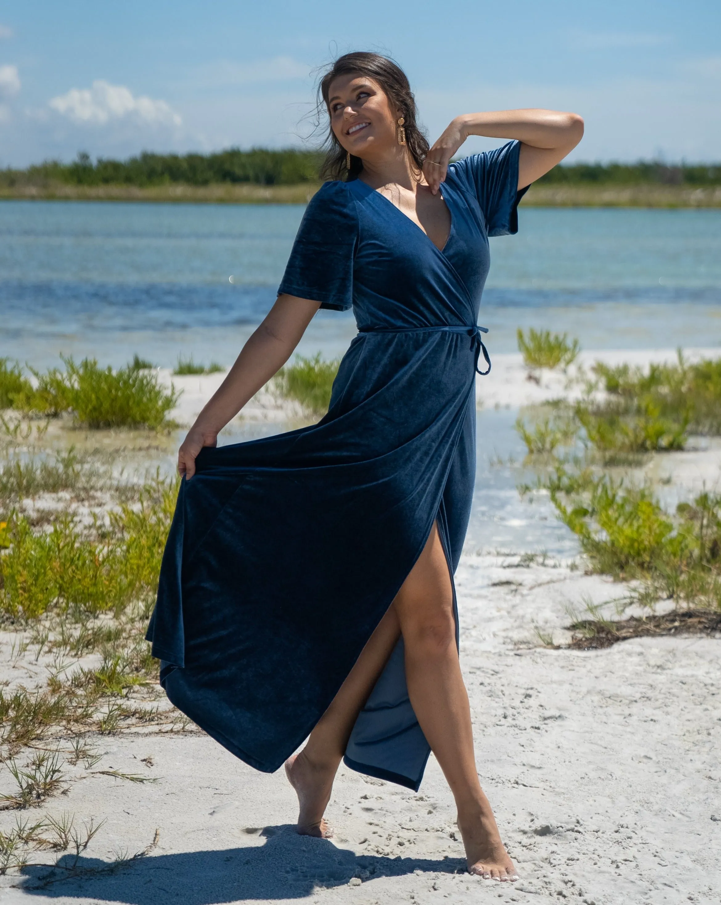 MEROKEETY V Neck Bell Sleeve Wrap Velvet Split Maxi Dress