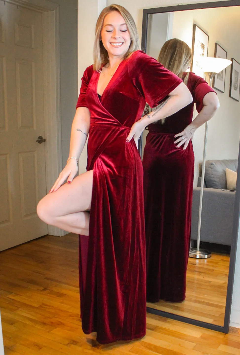 MEROKEETY V Neck Bell Sleeve Wrap Velvet Split Maxi Dress