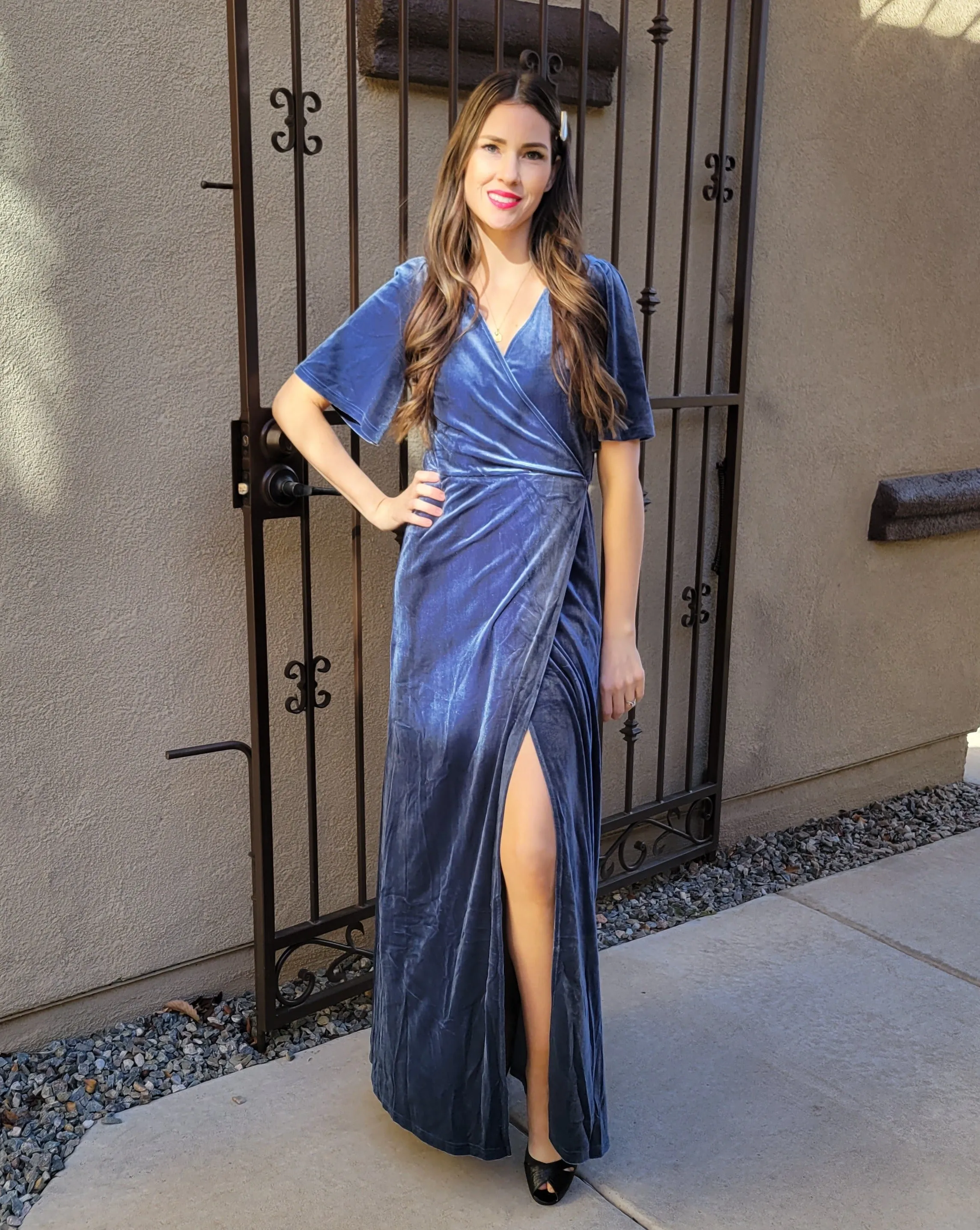 MEROKEETY V Neck Bell Sleeve Wrap Velvet Split Maxi Dress
