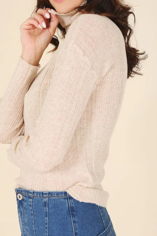 Midway Beige Mock Neck Wool Blend Sweater