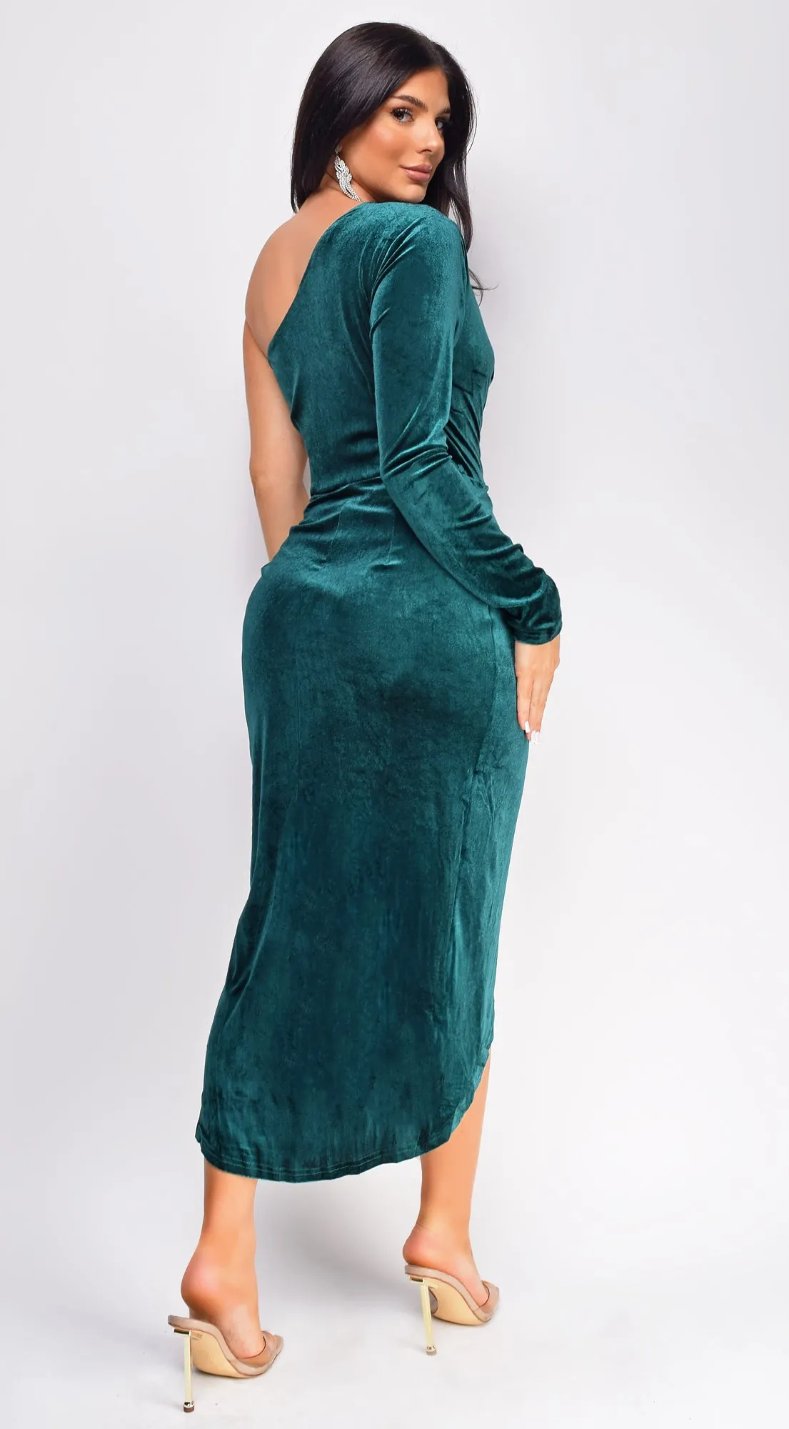 Miranda Green One Shoulder Velvet Midi Dress