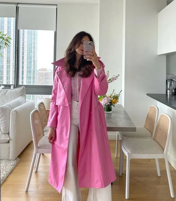 Mrs. Fredrickson Bubblegum Pink Liberty PU Leather Long Line Trench Coat