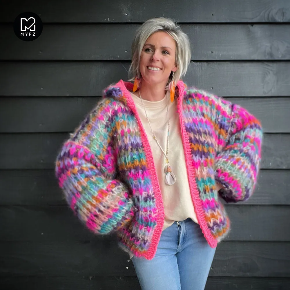 MYPZ Chunky Mohair Rib Cardigan Confetti with hoodie