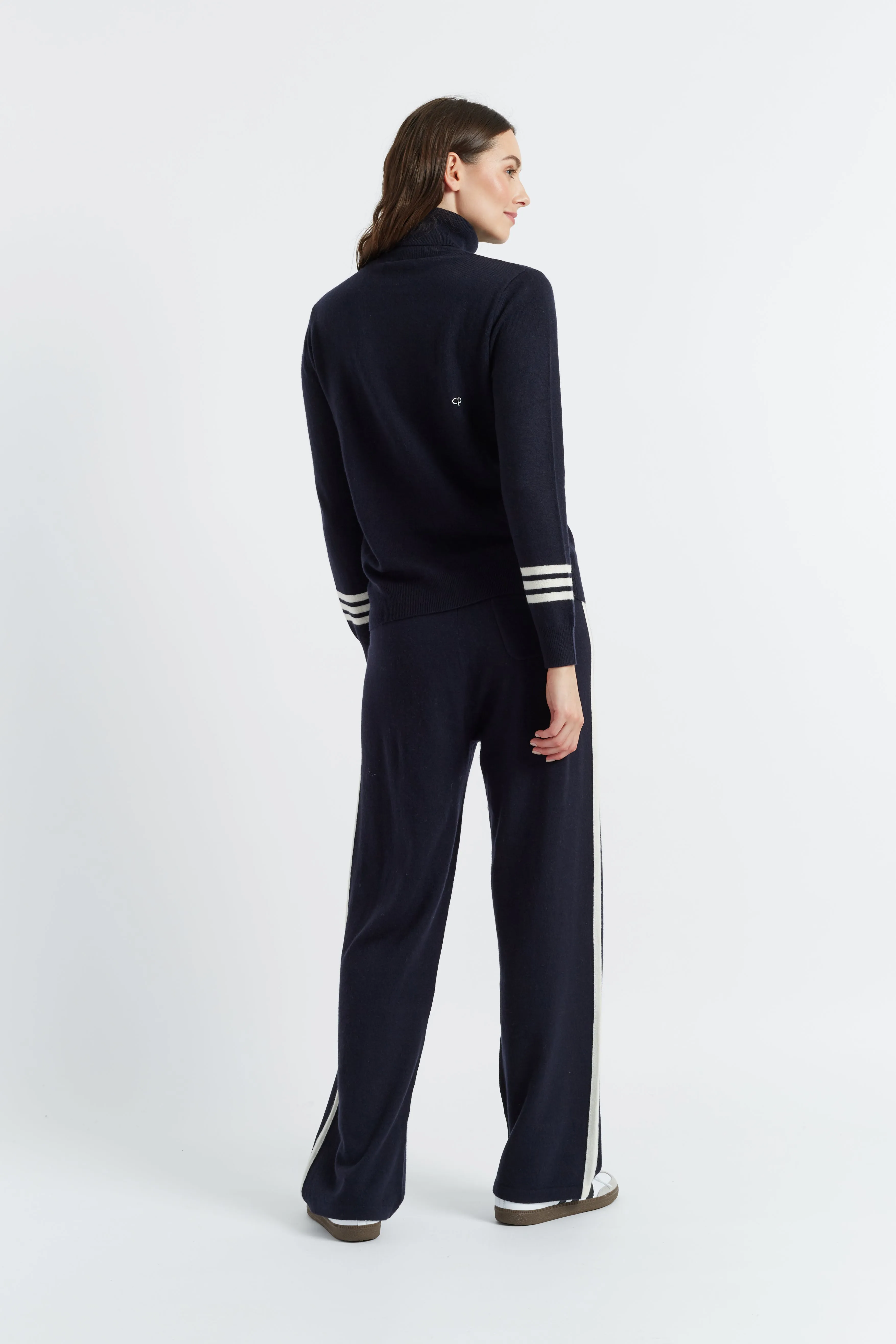 Navy Wool-Cashmere Contrast Striped Wide-Leg Track Pants