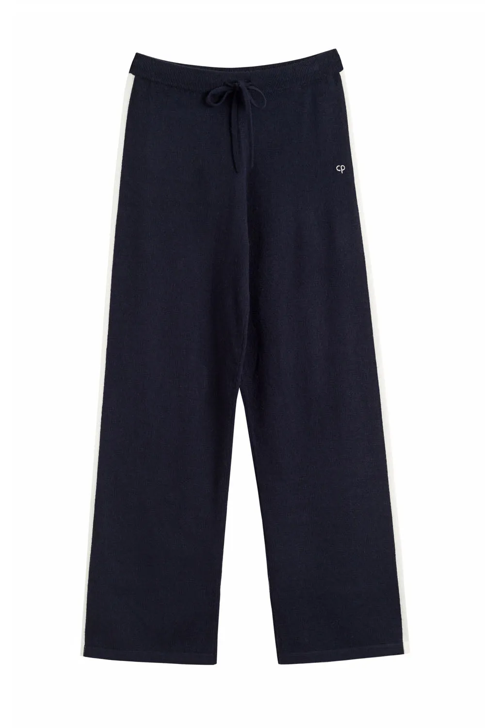 Navy Wool-Cashmere Contrast Striped Wide-Leg Track Pants