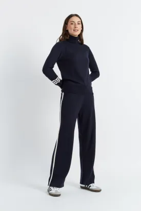 Navy Wool-Cashmere Contrast Striped Wide-Leg Track Pants