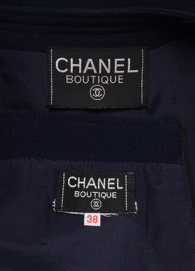 Navy Woven Skirt Suit With Gold Buttons