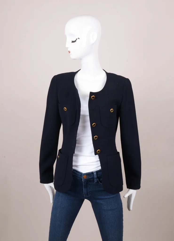 Navy Woven Skirt Suit With Gold Buttons