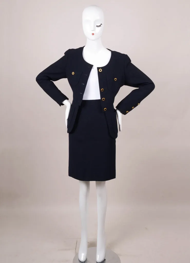 Navy Woven Skirt Suit With Gold Buttons