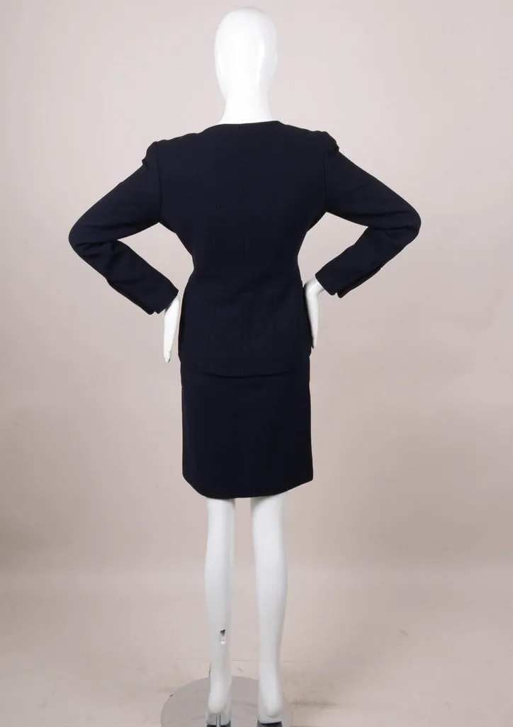 Navy Woven Skirt Suit With Gold Buttons