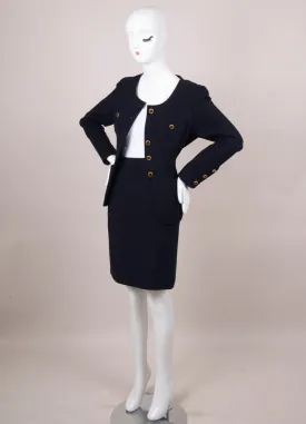 Navy Woven Skirt Suit With Gold Buttons