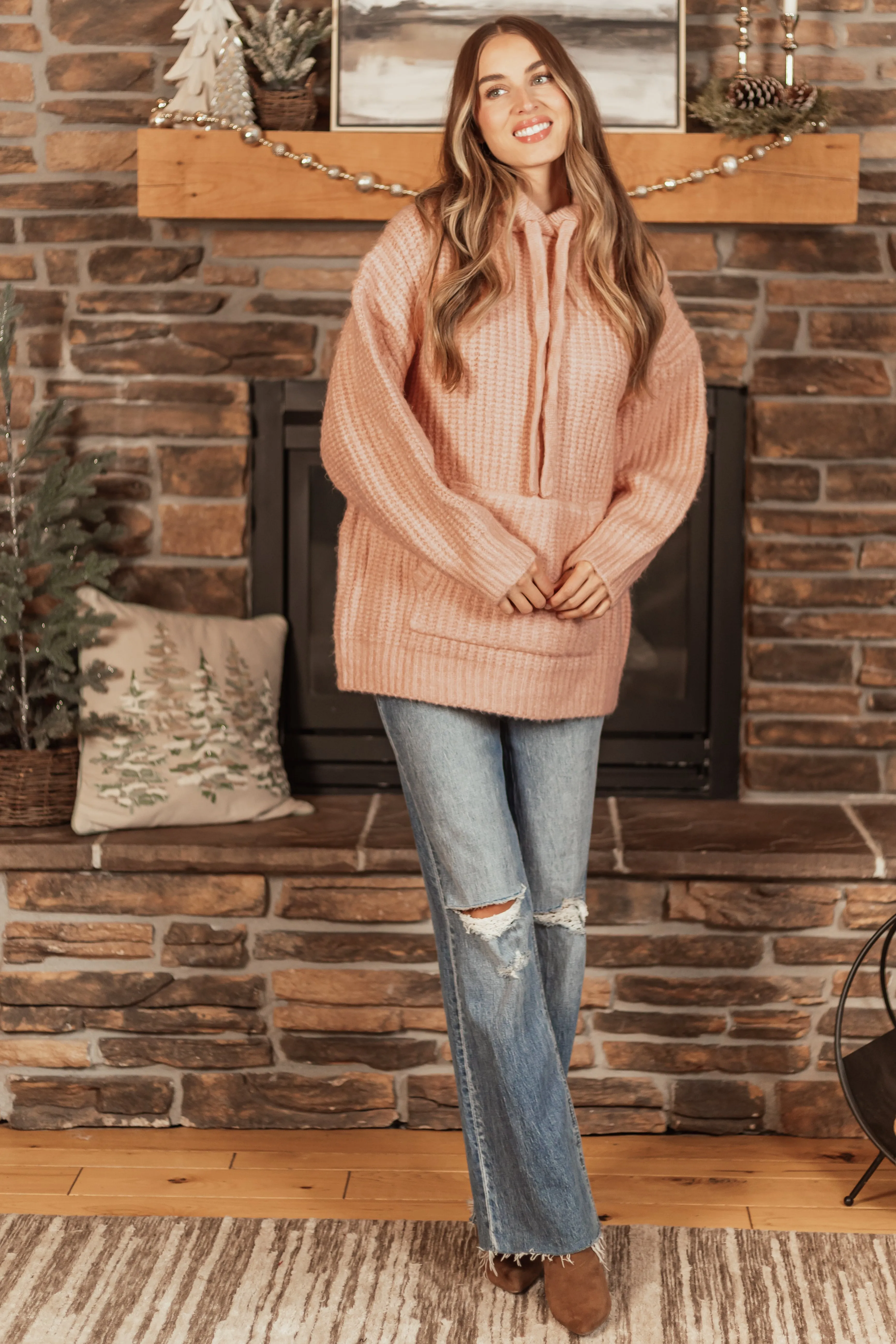 Peach Chunky Soft Knit Oversized Hoodie