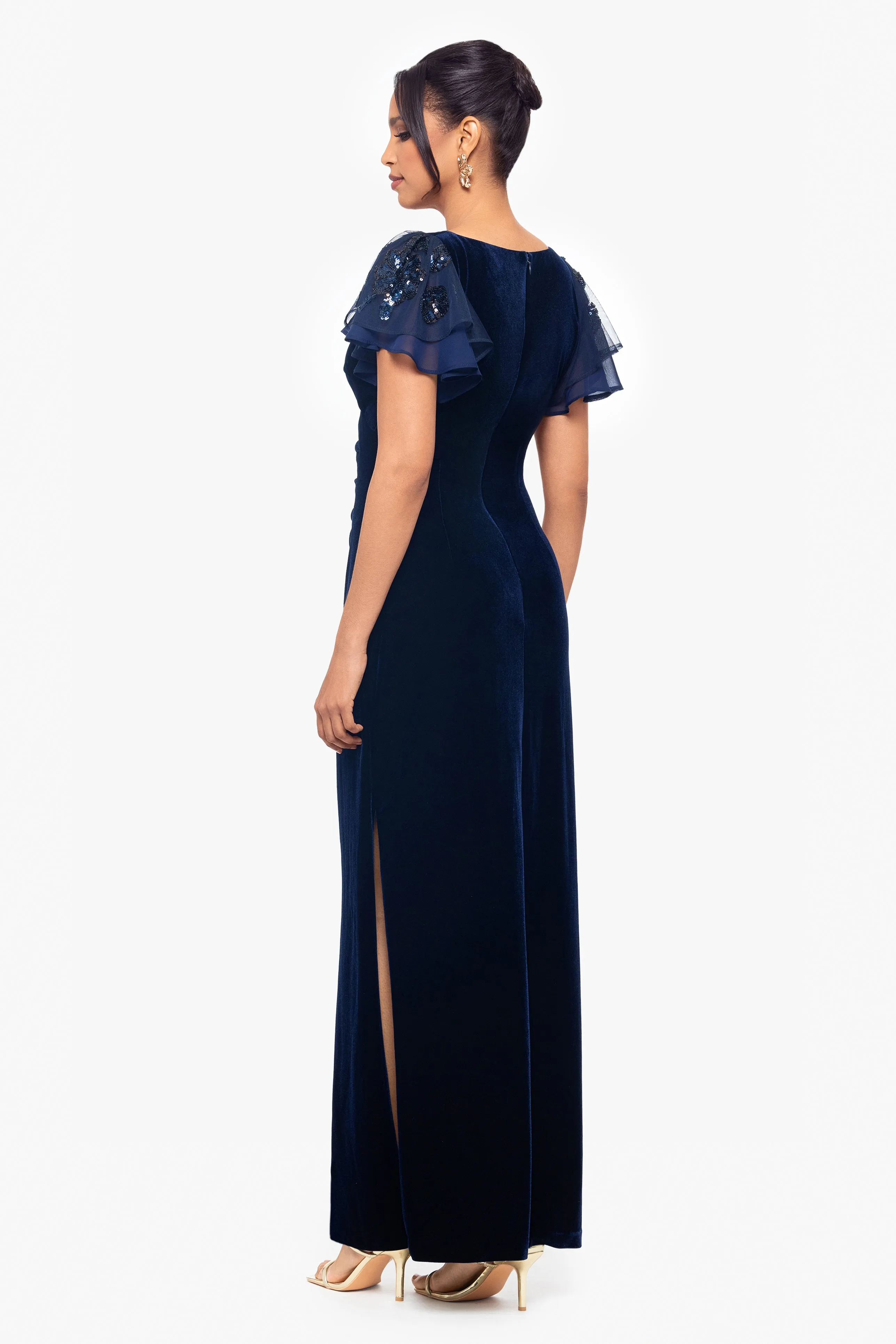 Petite "Carolina" Long Velvet V-Neck Sequin Sleeve Dress