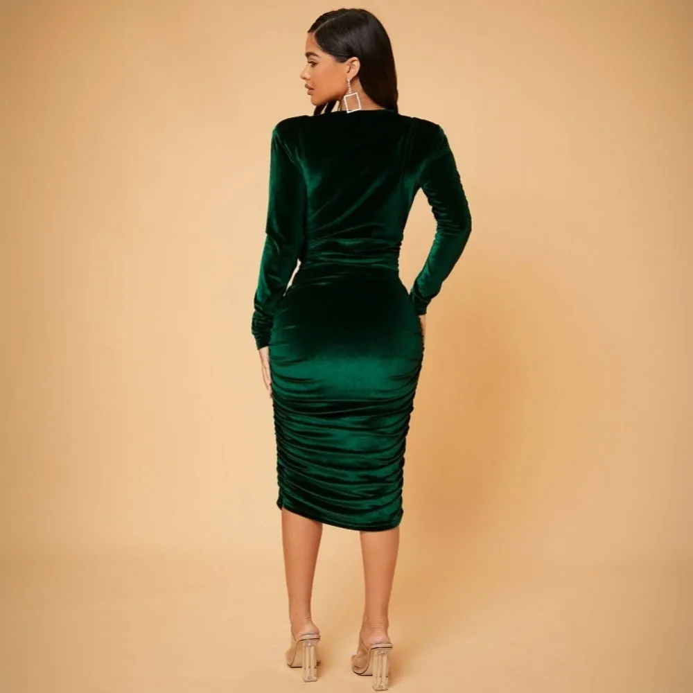 Pleated Midi Long Sleeve Velvet Dress Wholesale Womens Dresses N3824110900032