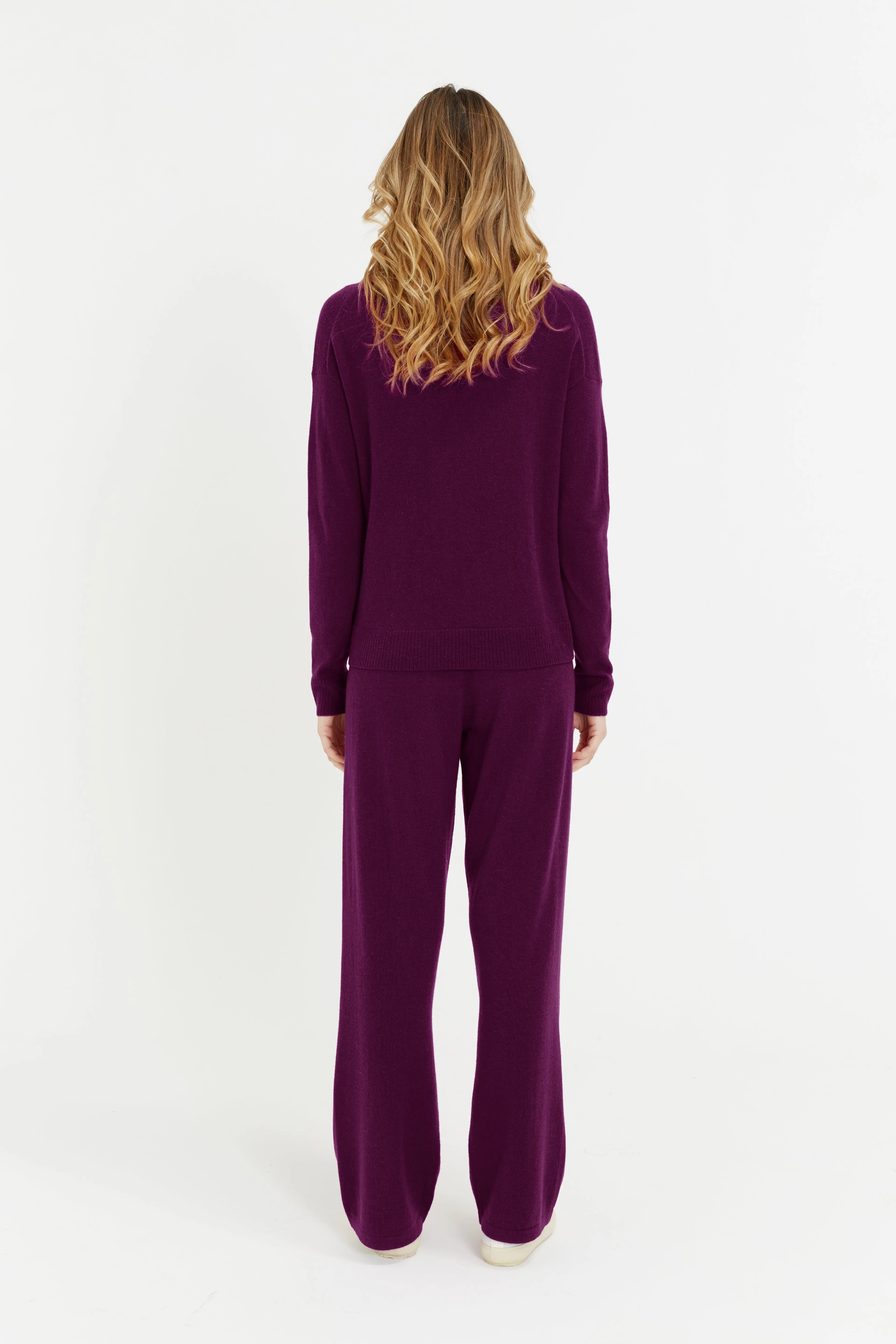 Plum Wool-Cashmere Wide-Leg Track Pants