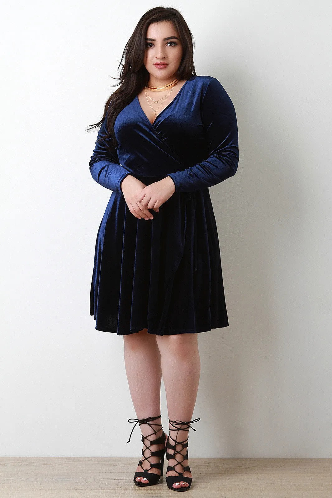 Plus Size Velvet Surplice Skater Dress