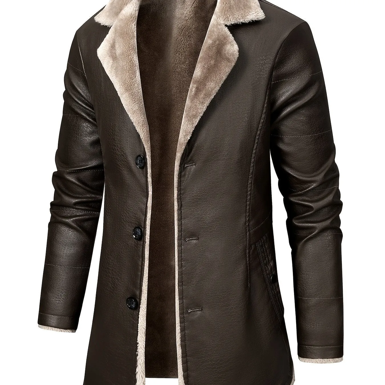 Riolio Men's Casual Faux Pu Leather Long Sleeves Button Trench Coats