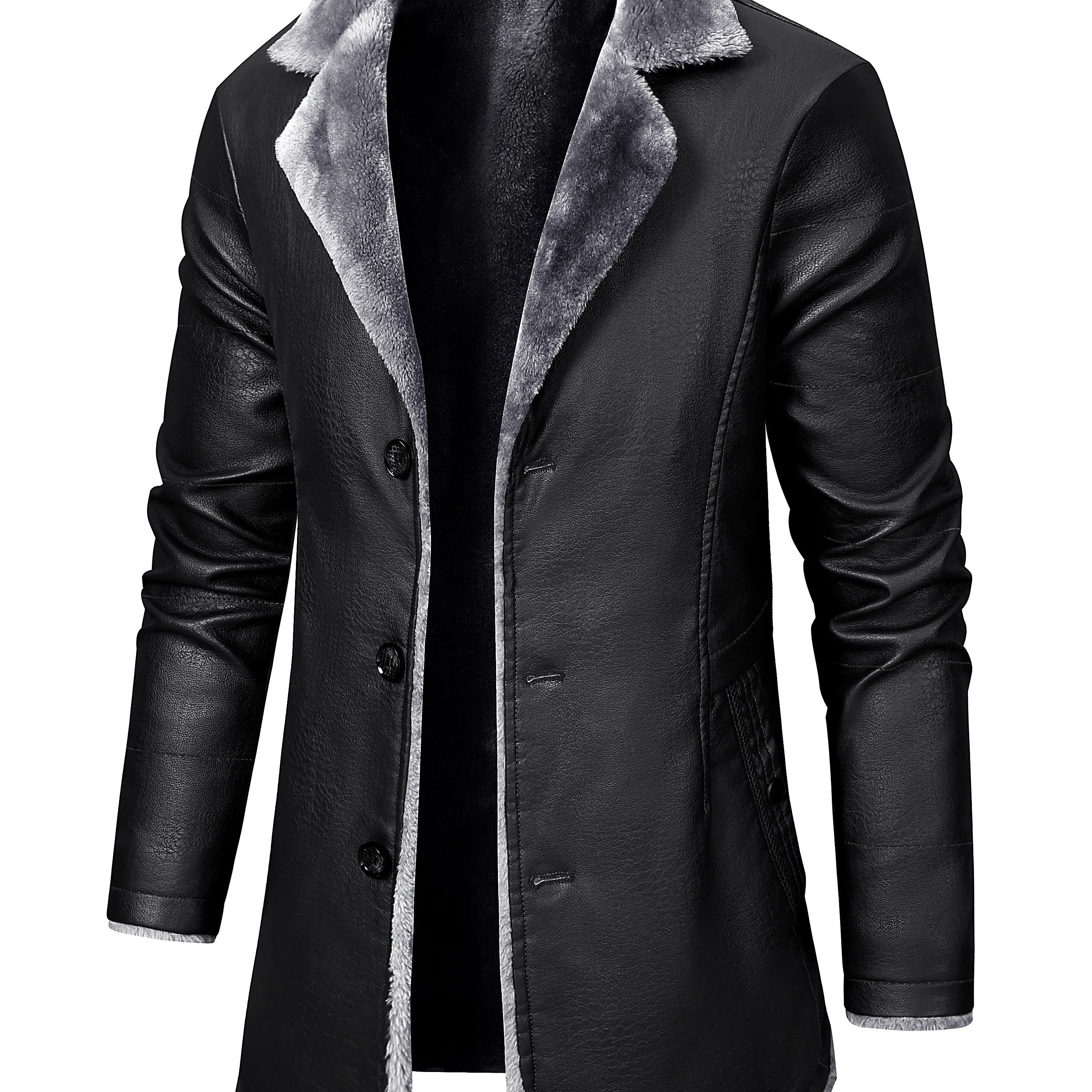 Riolio Men's Casual Faux Pu Leather Long Sleeves Button Trench Coats