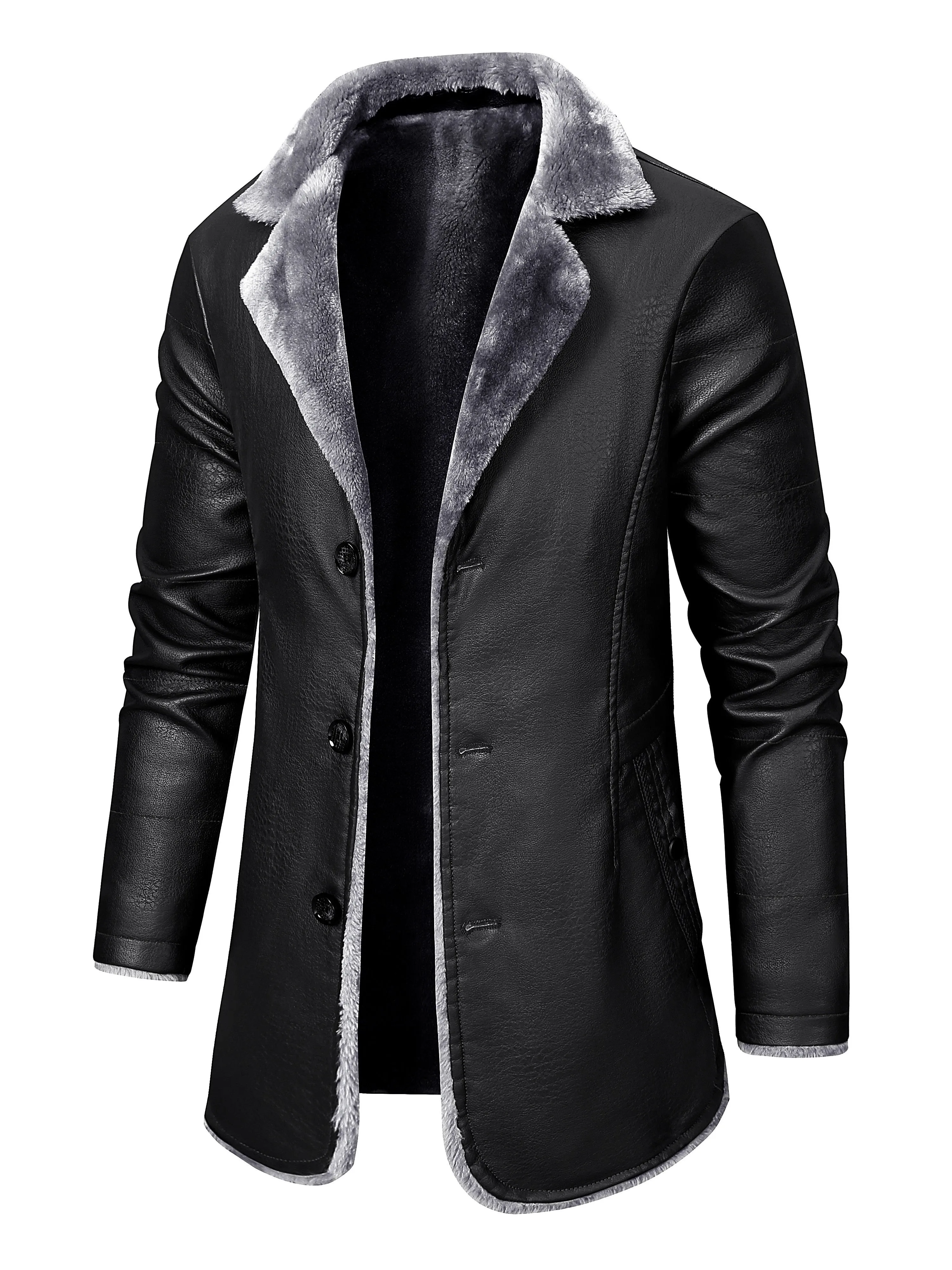 Riolio Men's Casual Faux Pu Leather Long Sleeves Button Trench Coats