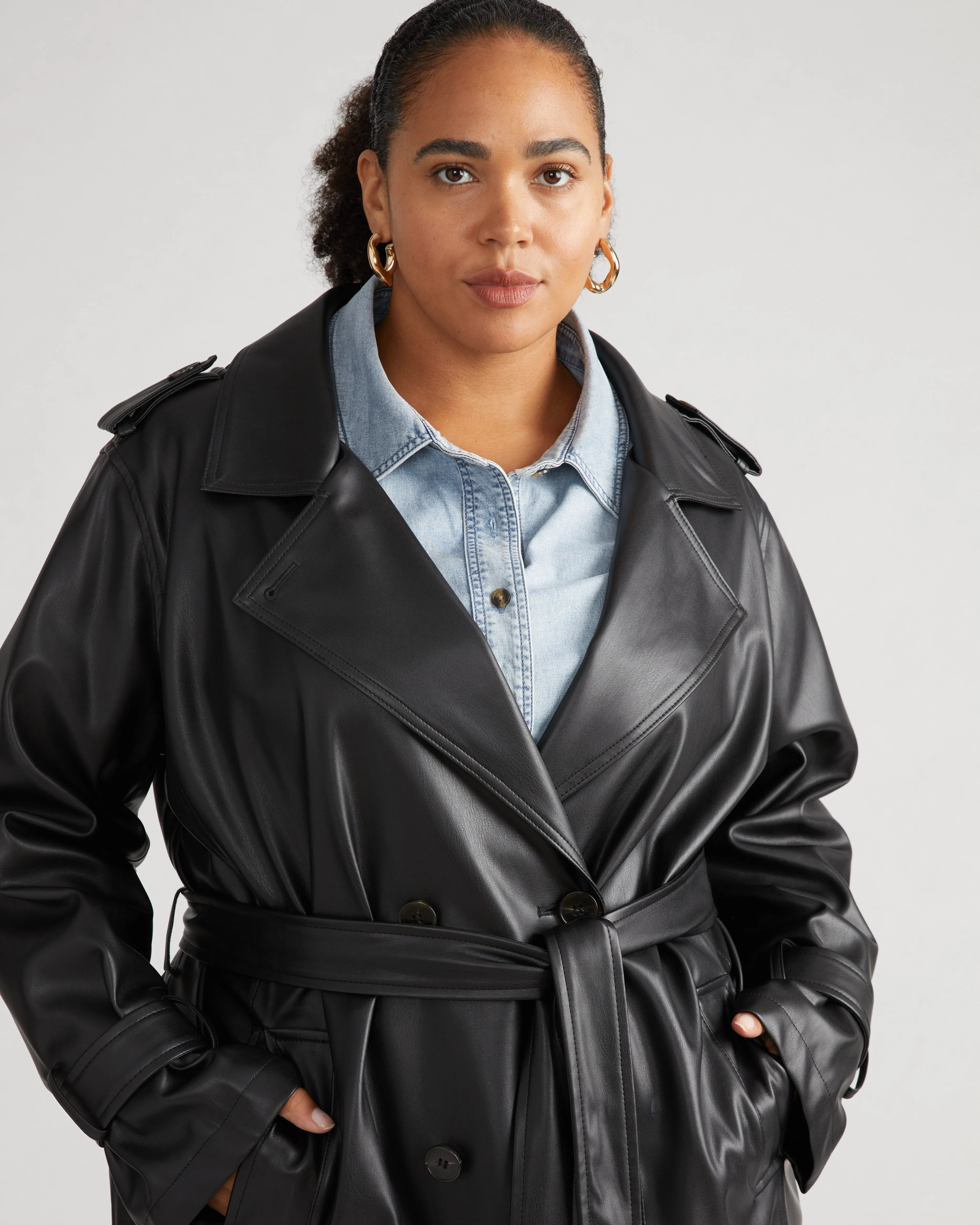 Sade Faux Leather Trench Coat - Black