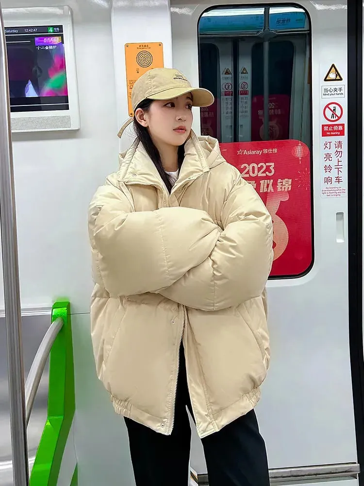 Short Down Coat Parkas for Women Thick Casual Winter Hooded 3/4 Length Coat for Students