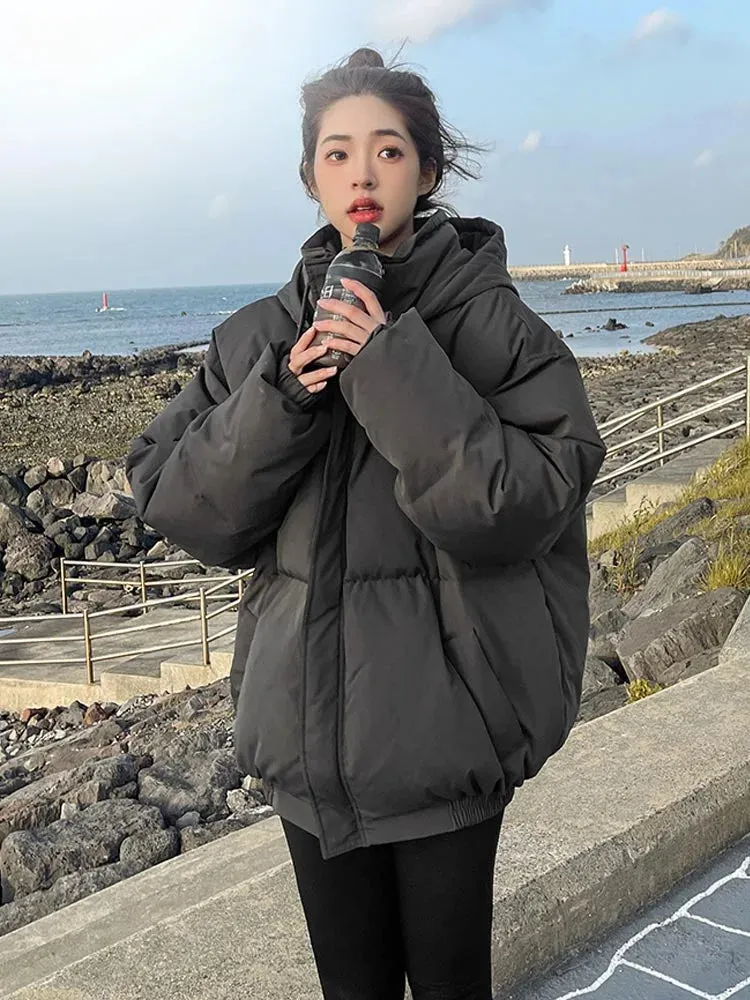 Short Down Coat Parkas for Women Thick Casual Winter Hooded 3/4 Length Coat for Students